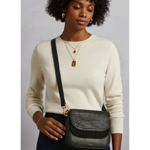 Fossil Peyton Double Flap Crossbody Small Black Leather Handbag - Picture 1 of 16